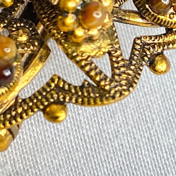 West Germany Ornate Brooch Gold Tone Filagree Amber And Pearly Stones - Picture 5 of 9